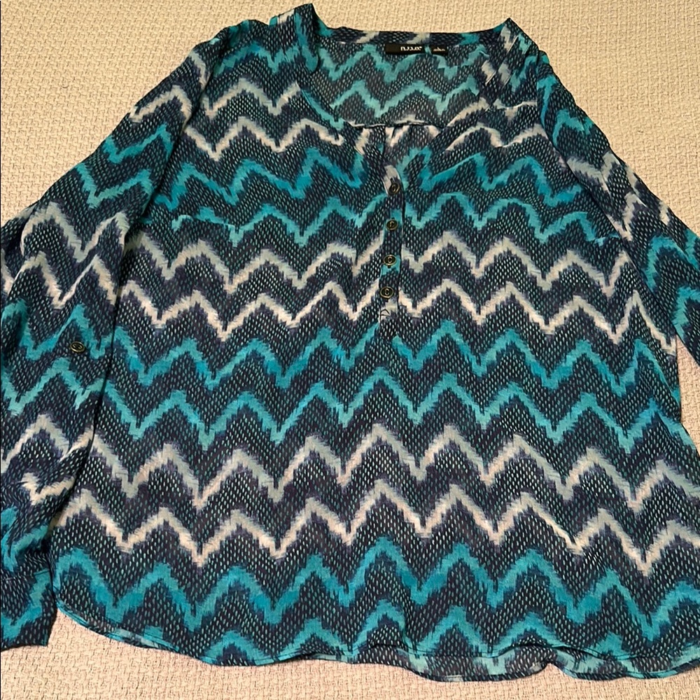 Alfani Blue and Black Graphic Blouse with Mandarin Collar